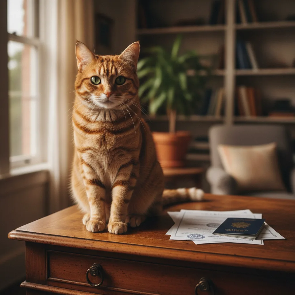 Tabby cat sitting beside a passport and official documents on a wooden table