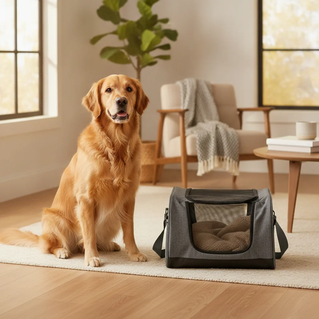 Calm golden retriever sitting beside a soft pet travel carrier near a sunny window