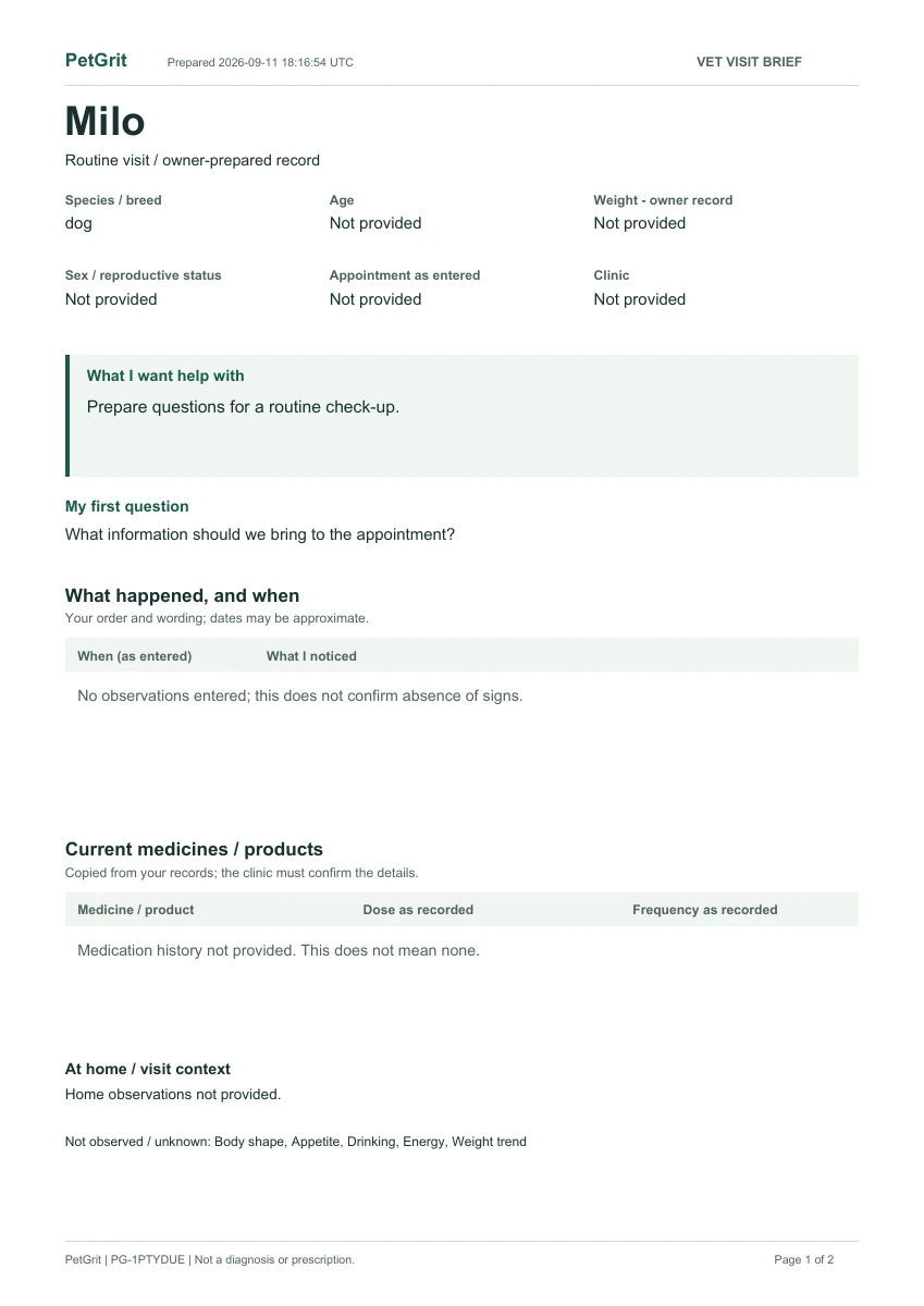 First page of an actual visit brief, showing the owner’s question and unknown details